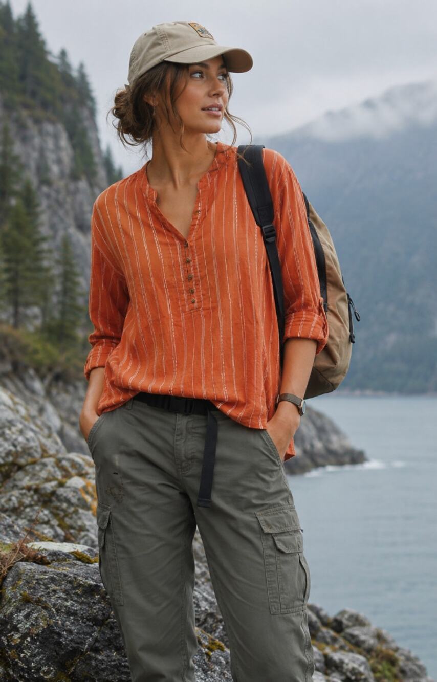LL Bean Womens Shirt Stripe Soft Textured Orange Coastal Western S Cotton Basic